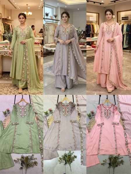 Innovative Grey Mul Chanderi Kurti with Sequin Embroidered Palazzo at Wholesale Rate Ready To Wear Collection