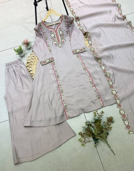 Innovative Grey Mul Chanderi Kurti with Sequin Embroidered Palazzo at Wholesale Rate Ready To Wear Collection