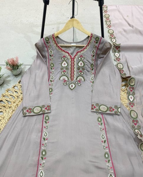 Innovative Grey Mul Chanderi Kurti with Sequin Embroidered Palazzo at Wholesale Rate Ready To Wear Collection