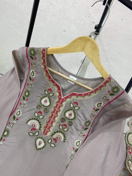 Innovative Grey Mul Chanderi Kurti with Sequin Embroidered Palazzo at Wholesale Rate Ready To Wear Collection