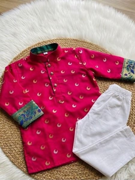 Innovative Hot Pink Kids Boys Weaving Work Kurta Set with Drawstring Pant for Diwali