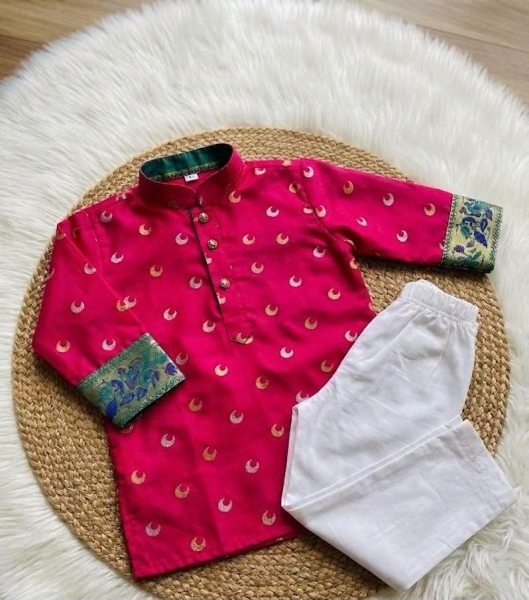 Innovative Hot Pink Kids Boys Weaving Work Kurta Set with Drawstring Pant for Diwali Boys Wear