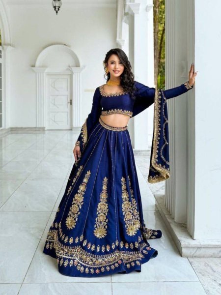 Innovative Navy Blue Women's Chinon Lehenga with Heavy Thread and Sequins Embroidery  Lehenga