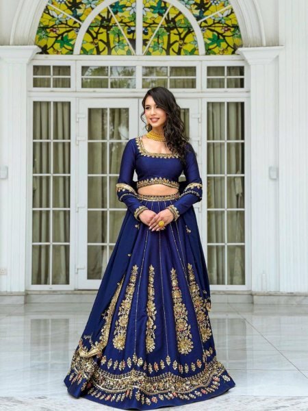 Innovative Navy Blue Women's Chinon Lehenga with Heavy Thread and Sequins Embroidery Designer Lehenga Choli