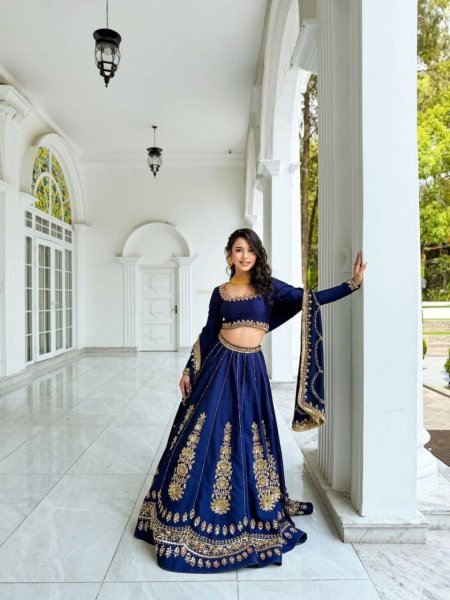 Innovative Navy Blue Women's Chinon Lehenga with Heavy Thread and Sequins Embroidery Designer Lehenga Choli