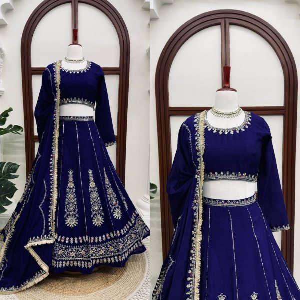 Innovative Navy Blue Women's Chinon Lehenga with Heavy Thread and Sequins Embroidery Designer Lehenga Choli