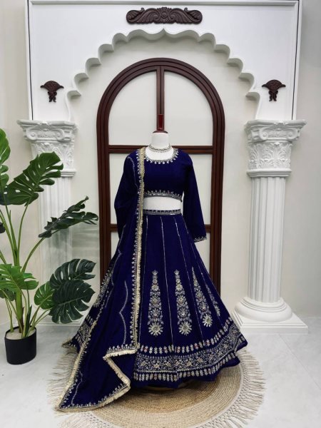 Innovative Navy Blue Women's Chinon Lehenga with Heavy Thread and Sequins Embroidery Designer Lehenga Choli