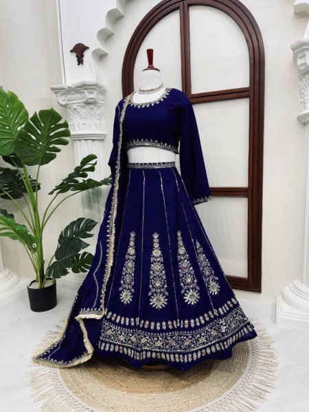 Innovative Navy Blue Women's Chinon Lehenga with Heavy Thread and Sequins Embroidery Designer Lehenga Choli