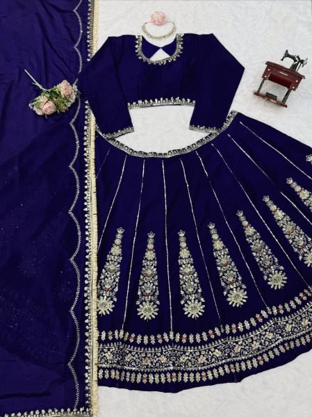 Innovative Navy Blue Women's Chinon Lehenga with Heavy Thread and Sequins Embroidery Designer Lehenga Choli