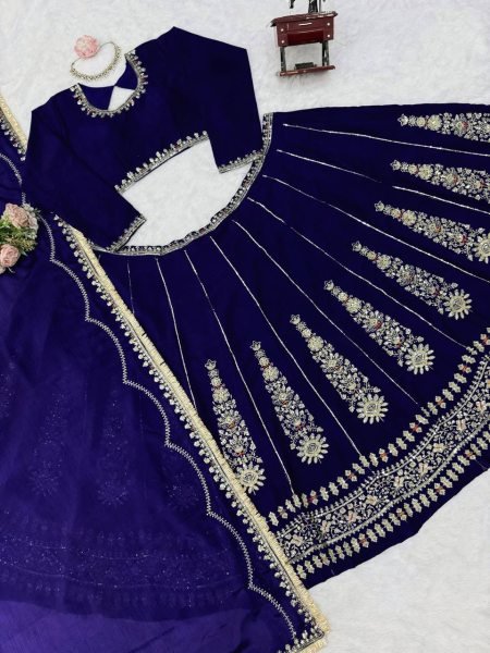 Innovative Navy Blue Women's Chinon Lehenga with Heavy Thread and Sequins Embroidery Designer Lehenga Choli