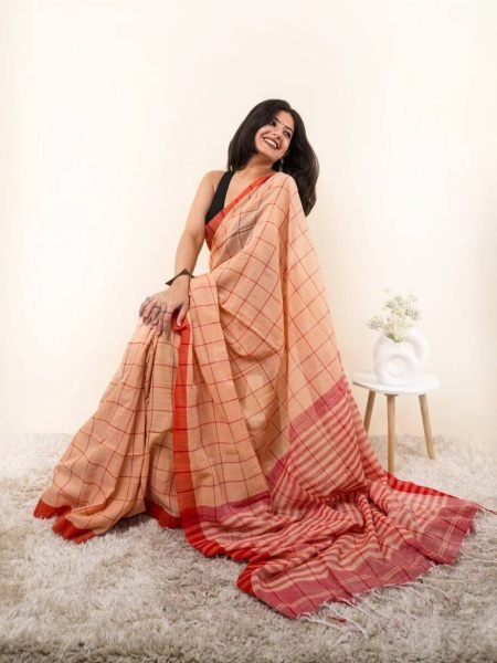 Innovative Orange Linen Cotton Checks Printed Saree with Unstitched Matching Blouse Sarees 