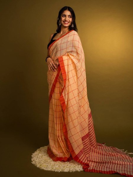 Innovative Orange Linen Cotton Checks Printed Saree with Unstitched Matching Blouse Printed Cotton Sarees Wholesale