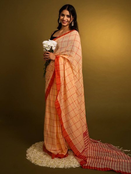 Innovative Orange Linen Cotton Checks Printed Saree with Unstitched Matching Blouse Printed Cotton Sarees Wholesale
