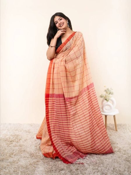 Innovative Orange Linen Cotton Checks Printed Saree with Unstitched Matching Blouse Printed Cotton Sarees Wholesale