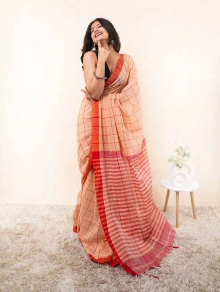 Innovative Orange Linen Cotton Checks Printed Saree with Unstitched Matching Blouse Printed Cotton Sarees Wholesale