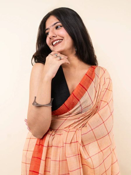 Innovative Orange Linen Cotton Checks Printed Saree with Unstitched Matching Blouse Printed Cotton Sarees Wholesale
