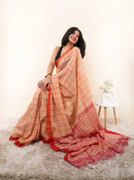 Innovative Orange Linen Cotton Checks Printed Saree with Unstitched Matching Blouse Printed Cotton Sarees Wholesale