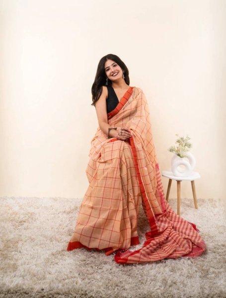 Innovative Orange Linen Cotton Checks Printed Saree with Unstitched Matching Blouse Printed Cotton Sarees Wholesale