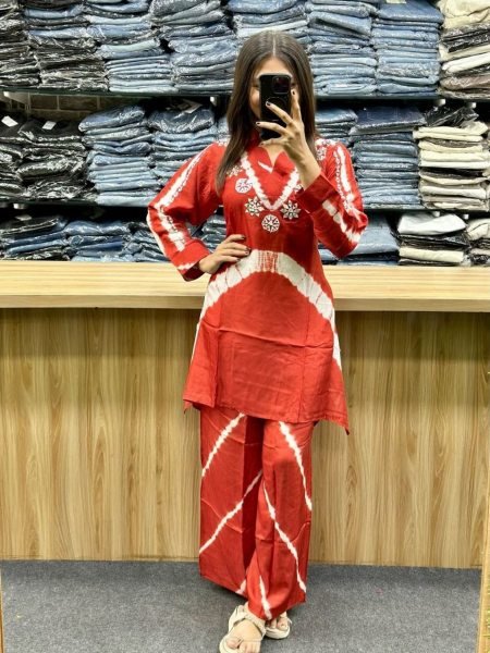 Innovative Orange Russian Silk Leheriya Co-ord Set with Handwork Embroidery 