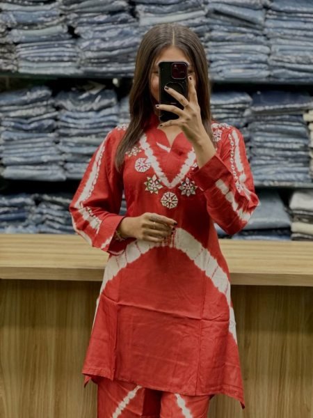 Innovative Orange Russian Silk Leheriya Co-ord Set with Handwork Embroidery CO ORD Sets