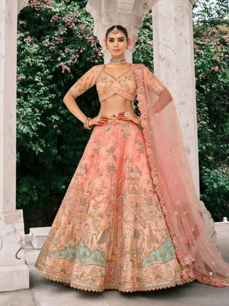 Innovative Peach Bridal Look Silk Lehenga with Cutwork and Embroidery Design