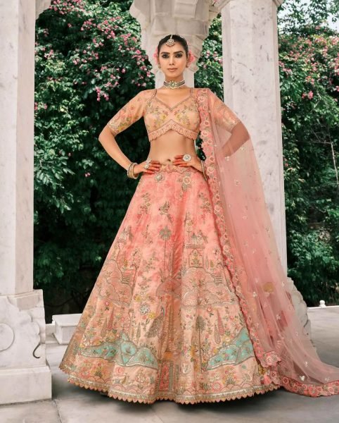 Innovative Peach Bridal Look Silk Lehenga with Cutwork and Embroidery Design Bridal Lehenga Choli
