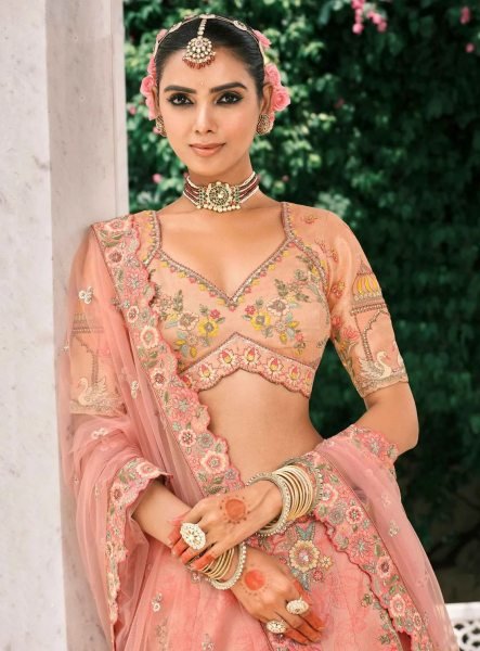 Innovative Peach Bridal Look Silk Lehenga with Cutwork and Embroidery Design Bridal Lehenga Choli