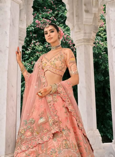 Innovative Peach Bridal Look Silk Lehenga with Cutwork and Embroidery Design Bridal Lehenga Choli