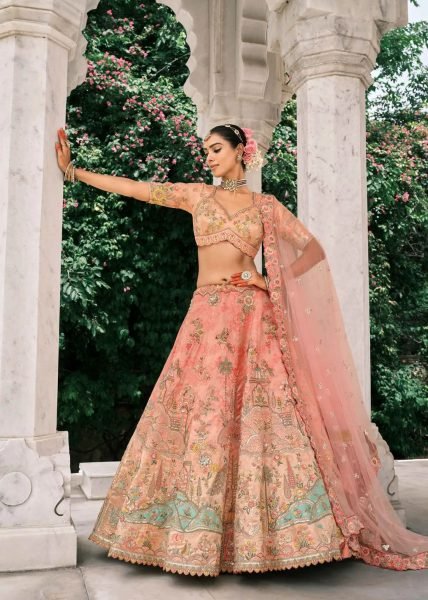 Innovative Peach Bridal Look Silk Lehenga with Cutwork and Embroidery Design Bridal Lehenga Choli