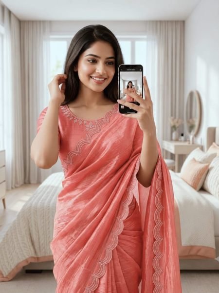 Innovative Peach Designer Space Soft Silk Saree with Diamond and Val Work 
