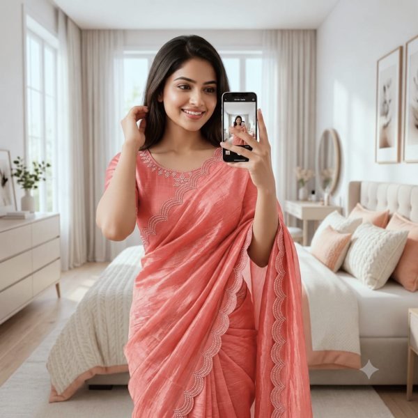 Innovative Peach Designer Space Soft Silk Saree with Diamond and Val Work Silk Sarees Wholesale