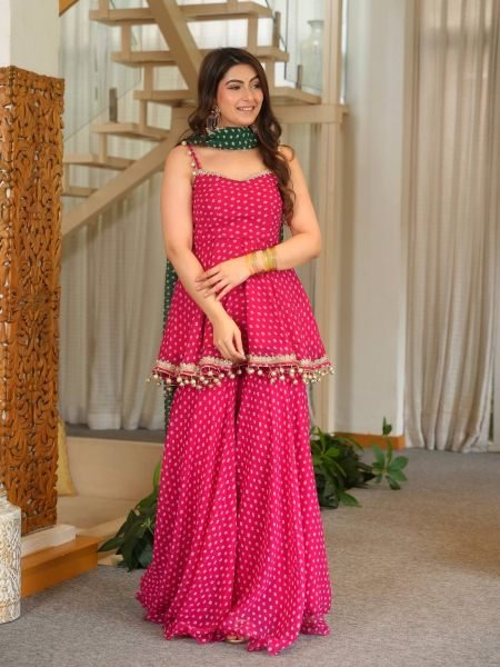 Innovative Pink Heavy Faux Georgette Kediya with Bandhej Print and Fancy Lace Work 