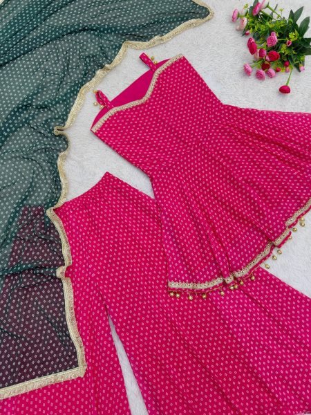Innovative Pink Heavy Faux Georgette Kediya with Bandhej Print and Fancy Lace Work Ready To Wear Collection