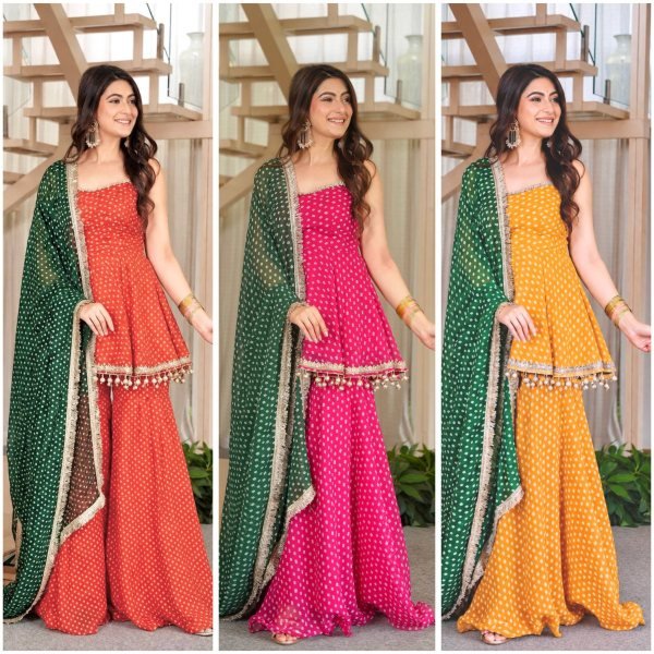 Innovative Pink Heavy Faux Georgette Kediya with Bandhej Print and Fancy Lace Work Ready To Wear Collection