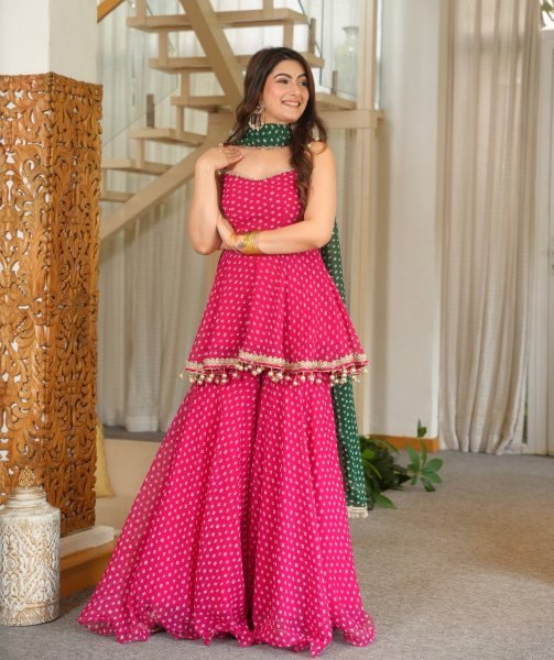 Innovative Pink Heavy Faux Georgette Kediya with Bandhej Print and Fancy Lace Work Ready To Wear Collection