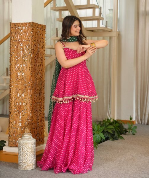 Innovative Pink Heavy Faux Georgette Kediya with Bandhej Print and Fancy Lace Work Ready To Wear Collection