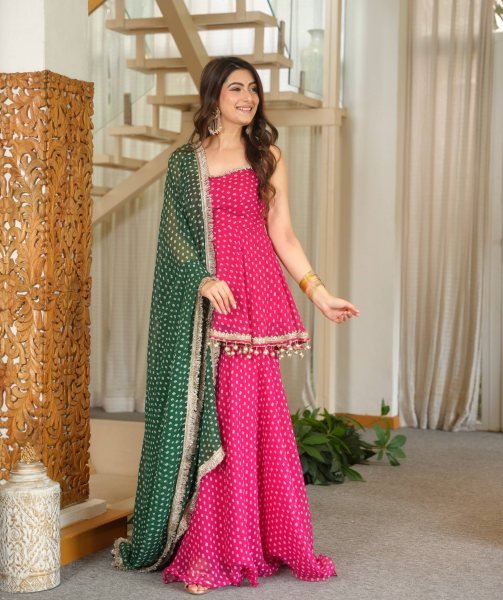 Innovative Pink Heavy Faux Georgette Kediya with Bandhej Print and Fancy Lace Work Ready To Wear Collection