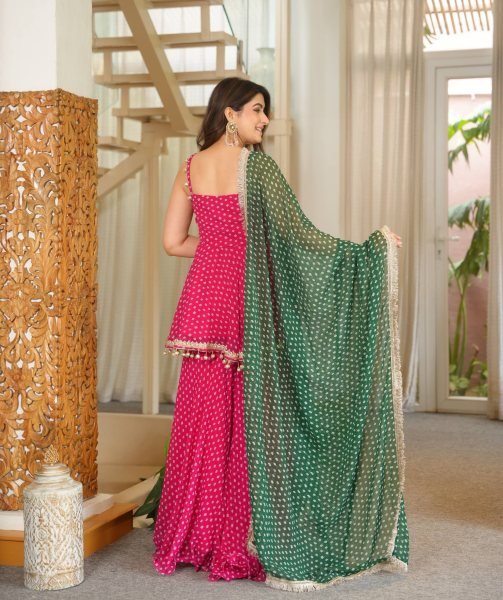 Innovative Pink Heavy Faux Georgette Kediya with Bandhej Print and Fancy Lace Work Ready To Wear Collection