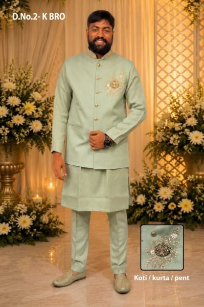 Innovative Pista Boutique Quality Linen Fabric Indo Western Outfit for Wedding Functions Kurta Pajama Wholesale