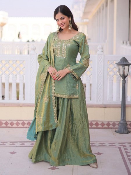Innovative Pista CP Vichitra Women s Short Kurti Palazzo With Embroidered Dupatta Set Online Salwar Kameez