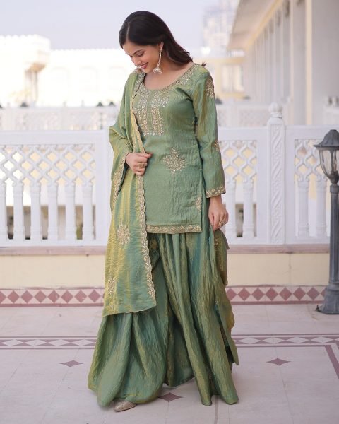 Innovative Pista CP Vichitra Women s Short Kurti Palazzo With Embroidered Dupatta Set Online Embroidery Kurtis 