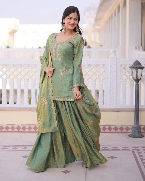 Innovative Pista CP Vichitra Women s Short Kurti Palazzo With Embroidered Dupatta Set Online Embroidery Kurtis 