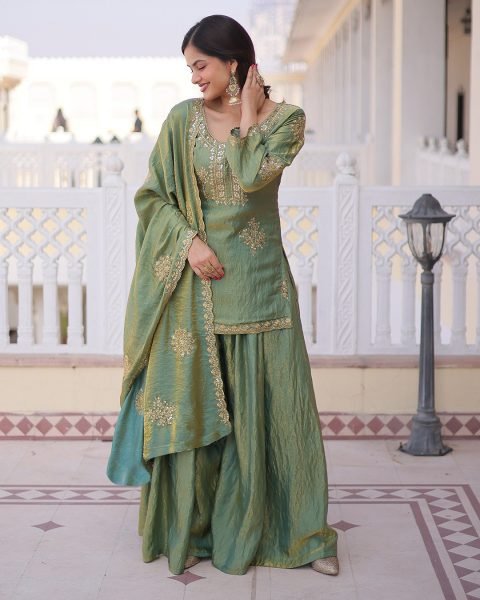 Innovative Pista CP Vichitra Women s Short Kurti Palazzo With Embroidered Dupatta Set Online Embroidery Kurtis 