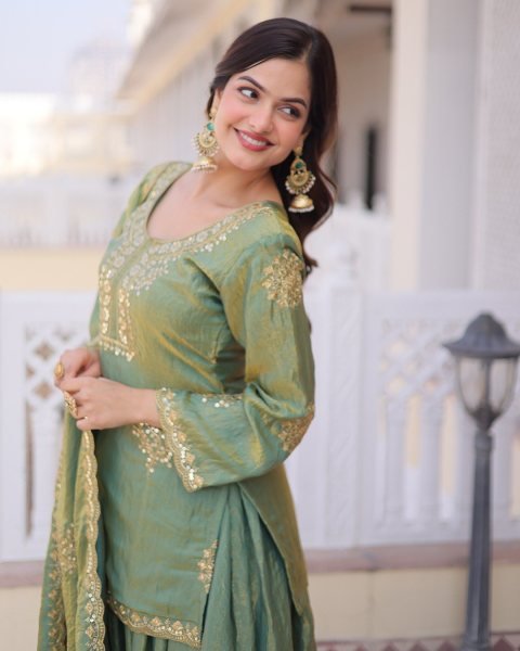 Innovative Pista CP Vichitra Women s Short Kurti Palazzo With Embroidered Dupatta Set Online Embroidery Kurtis 