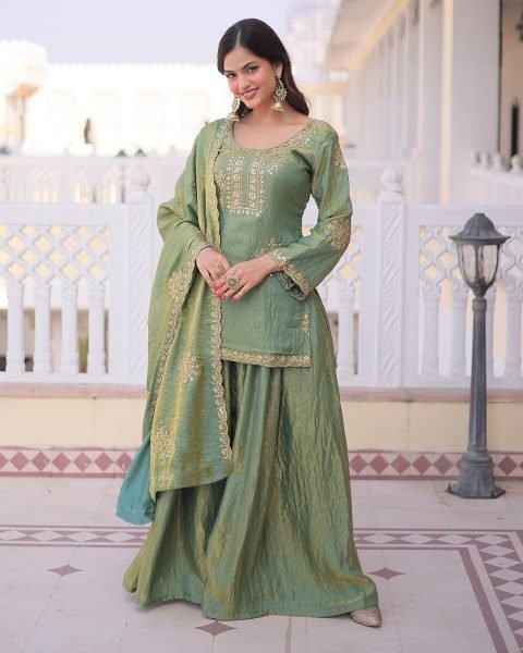Innovative Pista CP Vichitra Women s Short Kurti Palazzo With Embroidered Dupatta Set Online Embroidery Kurtis 