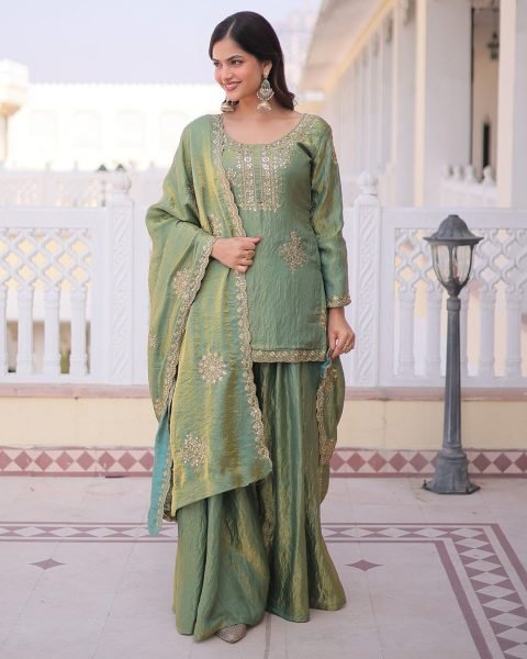 Innovative Pista CP Vichitra Women s Short Kurti Palazzo With Embroidered Dupatta Set Online Embroidery Kurtis 