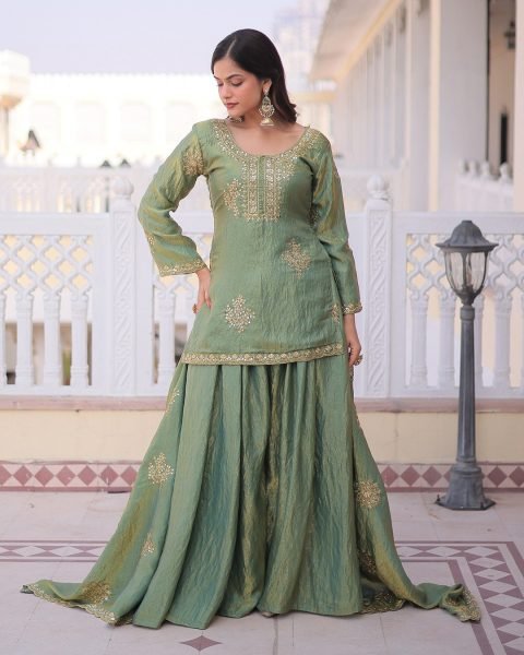 Innovative Pista CP Vichitra Women s Short Kurti Palazzo With Embroidered Dupatta Set Online Embroidery Kurtis 