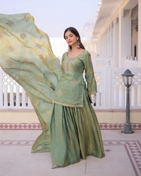 Innovative Pista CP Vichitra Women s Short Kurti Palazzo With Embroidered Dupatta Set Online Embroidery Kurtis 