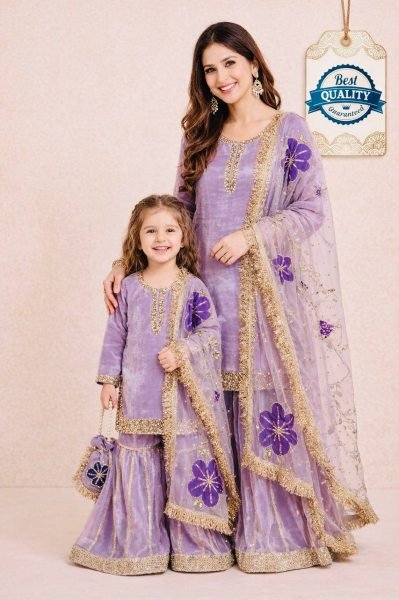 Innovative Purple Family Combo Ethnic Set for Wedding and Functions Mom-Doughter Collection