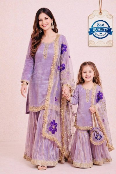 Innovative Purple Family Combo Ethnic Set for Wedding and Functions Mom-Doughter Collection